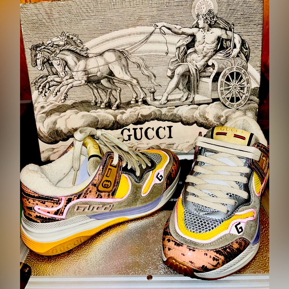GUCCI Ultrapace Ace Snake Leather Distressed Suede Sneakers - Picture 10 of 12